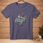 Snowmen with scarves and hats ride in a blue convertible with a "TOP DOWN" license plate.