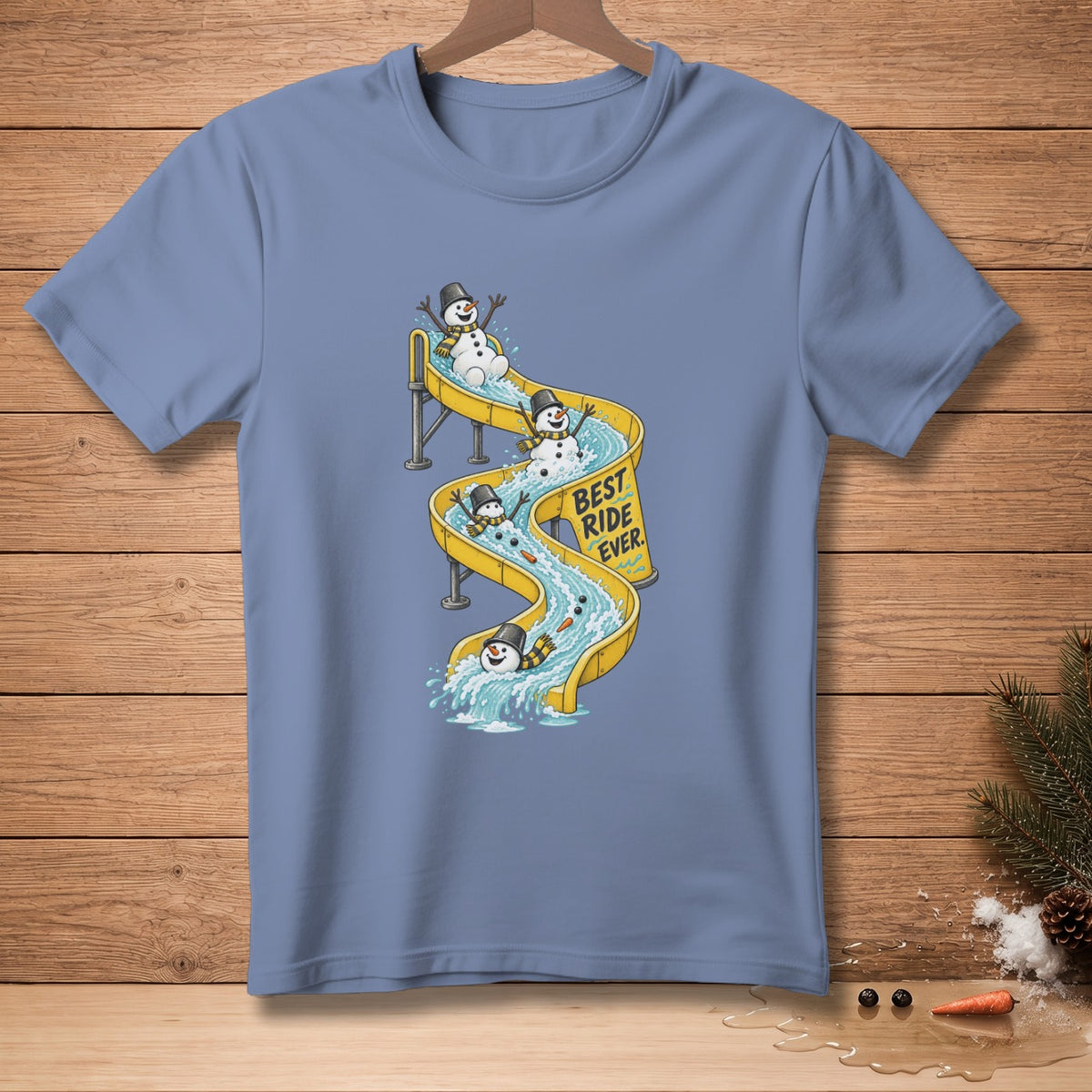 Snowmen riding a water slide with text "BEST RIDE EVER".