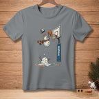 Snowman playing basketball, melting, with text VERTICAL.