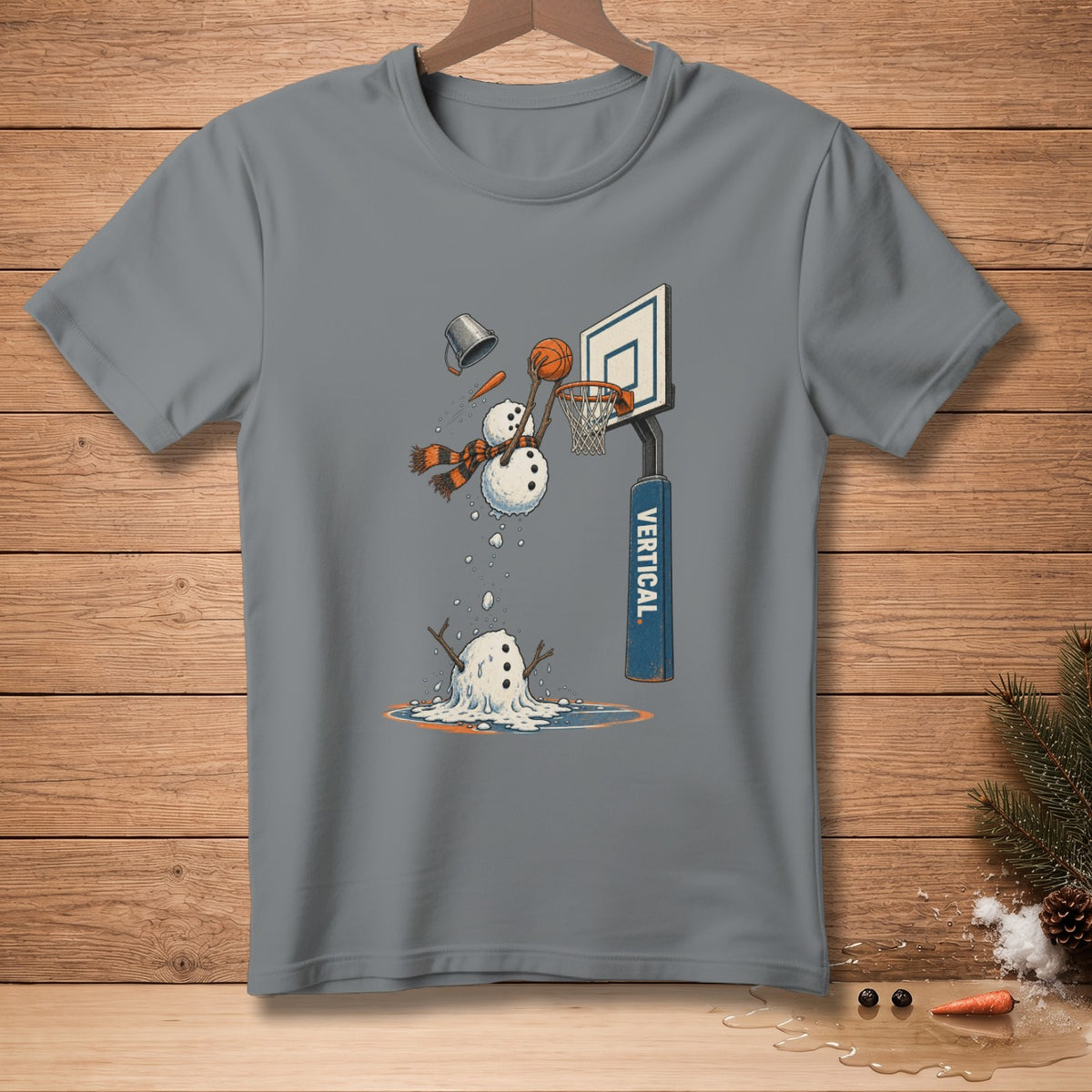 Snowman playing basketball, melting, with text VERTICAL.