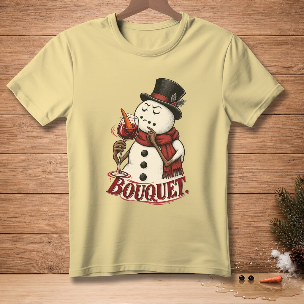 Snowman in top hat and scarf holding wine glass with carrot garnish, text "BOUQUET".