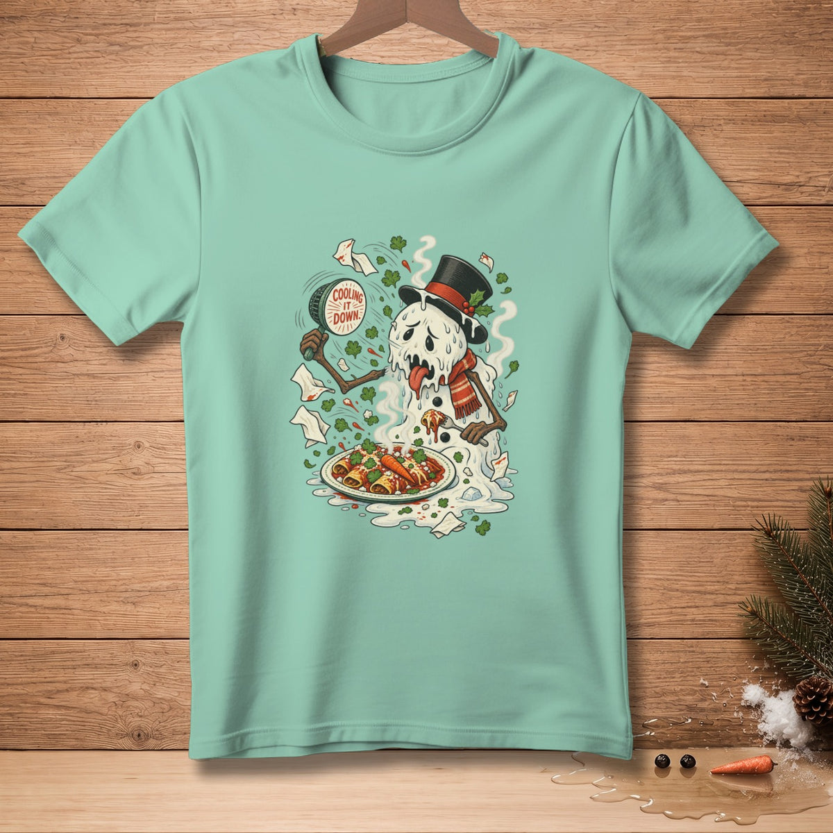 Melting snowman in top hat eats enchiladas, holding magnifying glass with text "Cooling It Down."