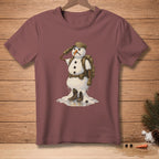 Maroon t-shirt with melting snowman soldier graphic wearing hat, backpack, and boots.