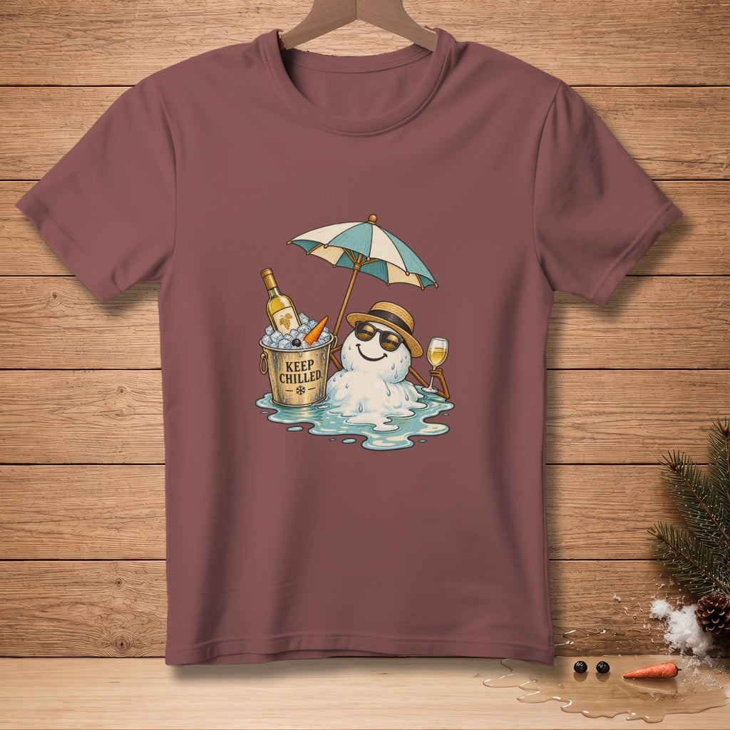 Melting snowman wearing sunglasses and hat with a drink under an umbrella.