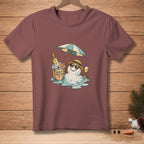 Melting snowman wearing sunglasses and hat with a drink under an umbrella.
