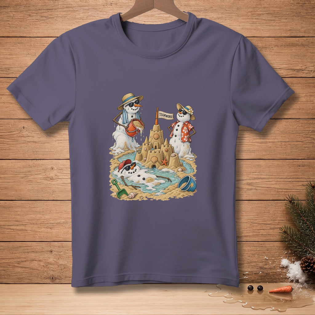 Snowmen build sandcastles and a flag reads "Teamwork."