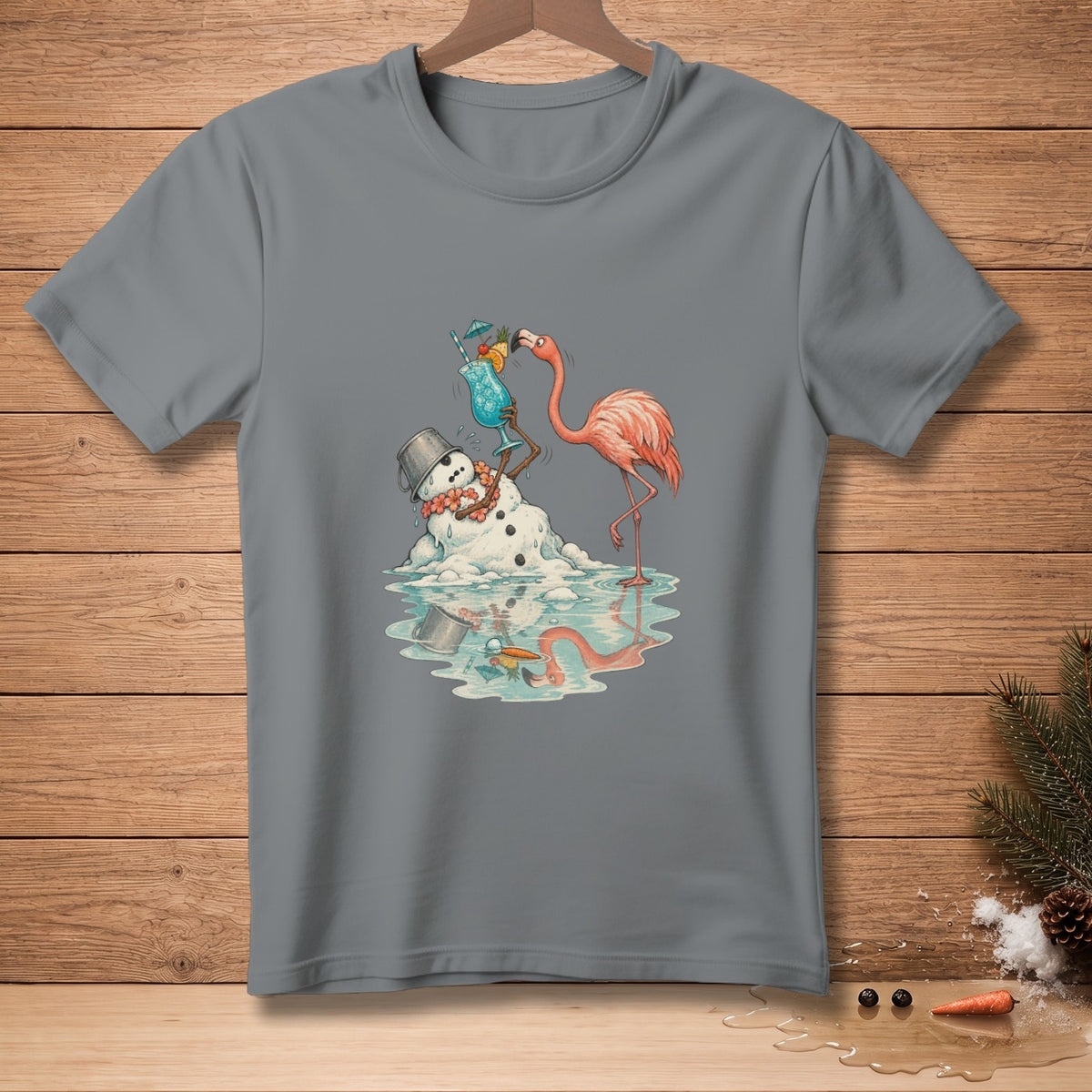 Flamingo offers melting snowman a tropical drink in a humorous illustration.