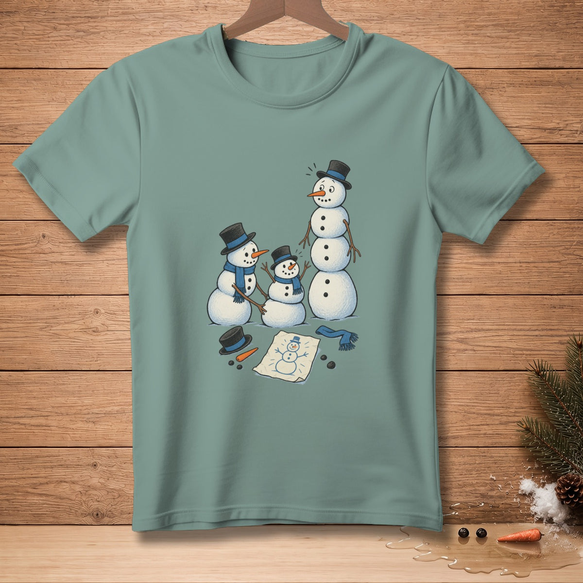 T-shirt with cartoon of three snowmen building a snowman from a drawing.