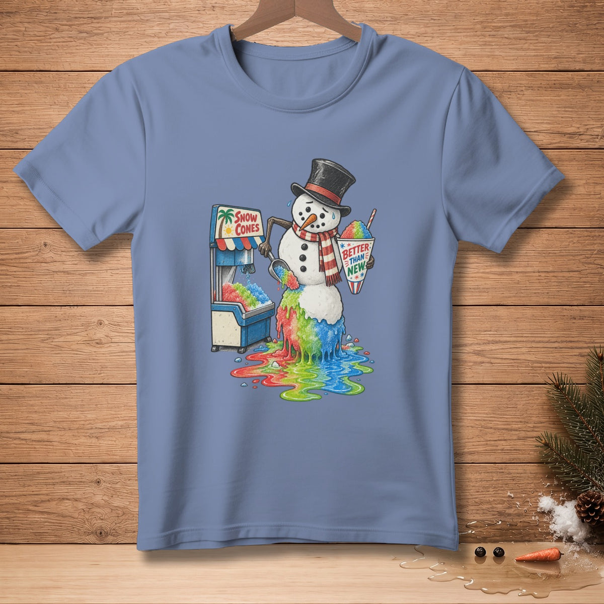Melting snowman with snow cone machine and cup that says "Better than new."