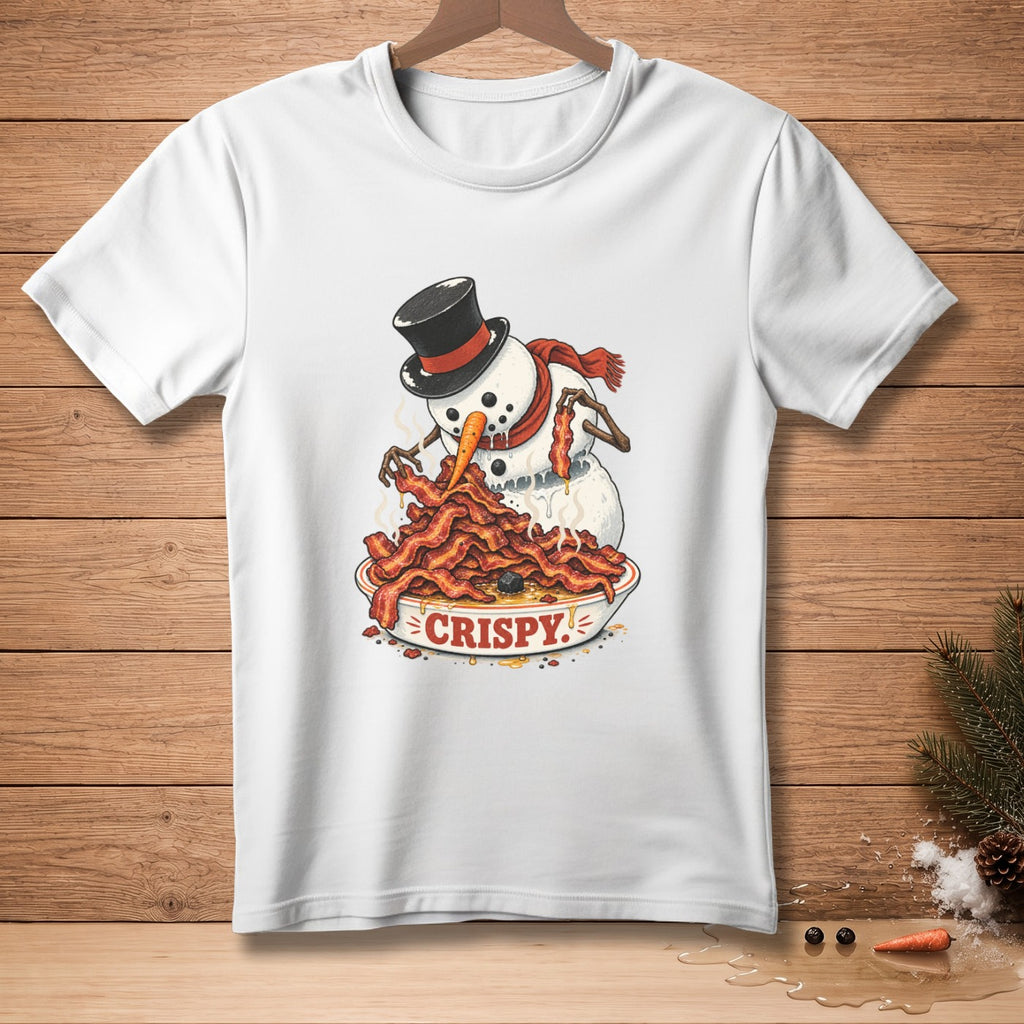 Snowman in a top hat eating a bowl of crispy bacon.