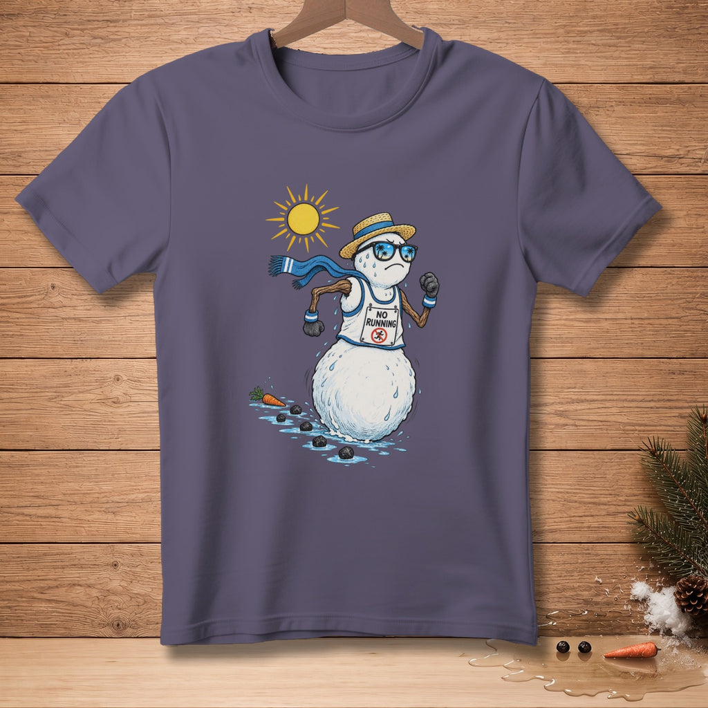 Snowman wearing sunglasses and a scarf runs under the sun, sweating.