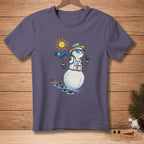 Snowman wearing sunglasses and a scarf runs under the sun, sweating.