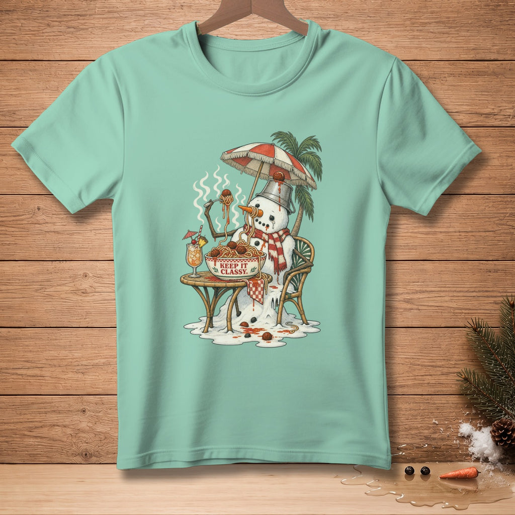 Melting snowman eating spaghetti under umbrella, text says "Keep It Classy".