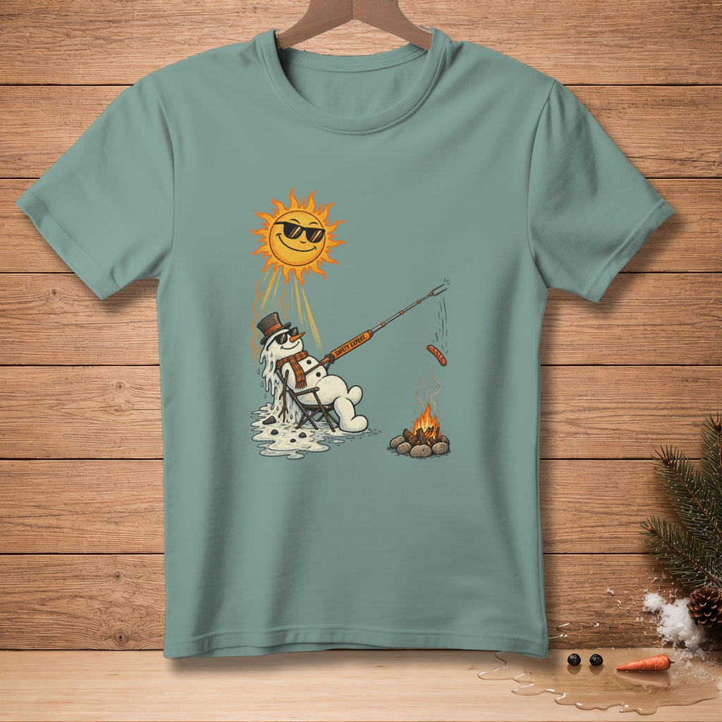 Melting snowman with sunglasses grills sausage by campfire under smiling sun.