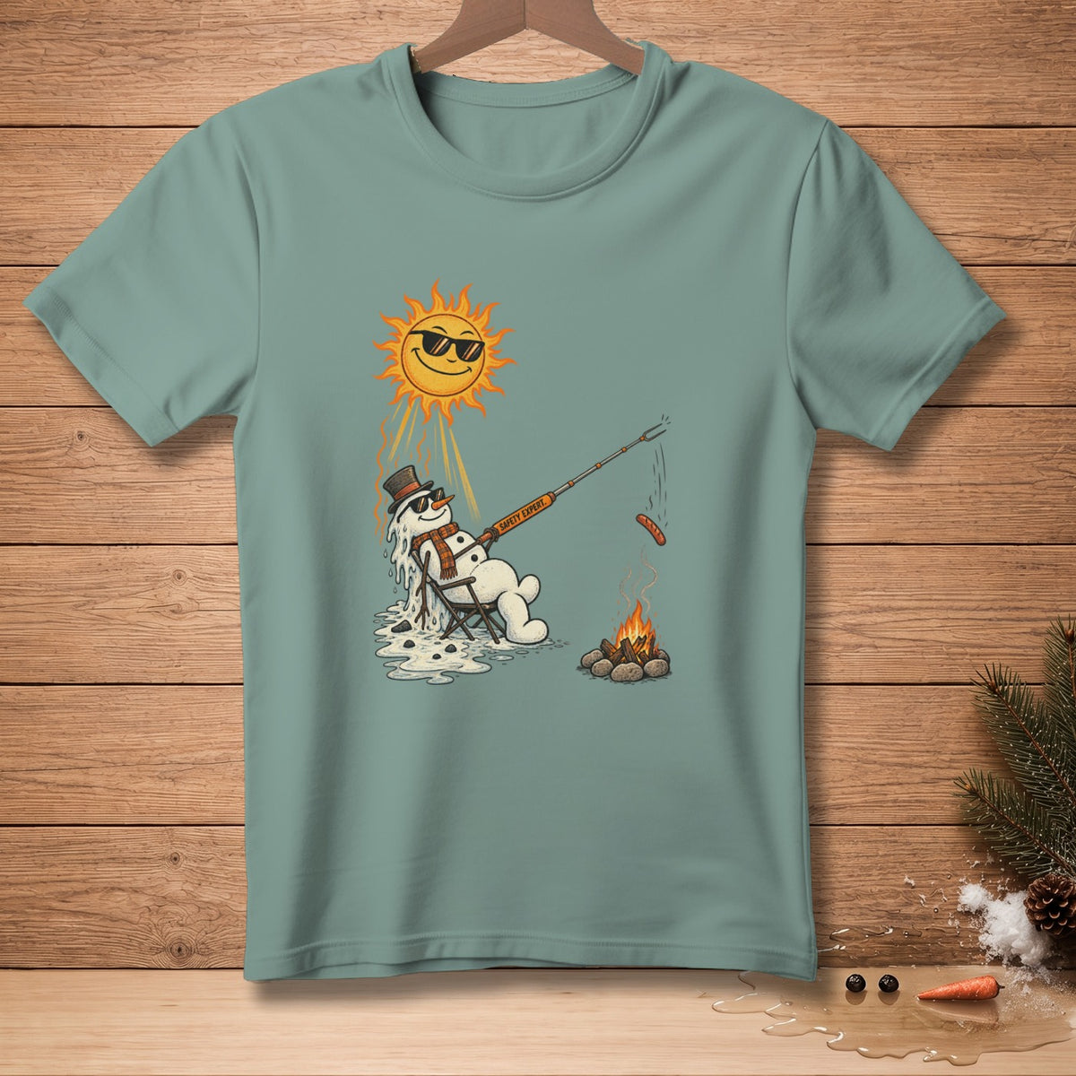 Melting snowman with sunglasses grills sausage by campfire under smiling sun.