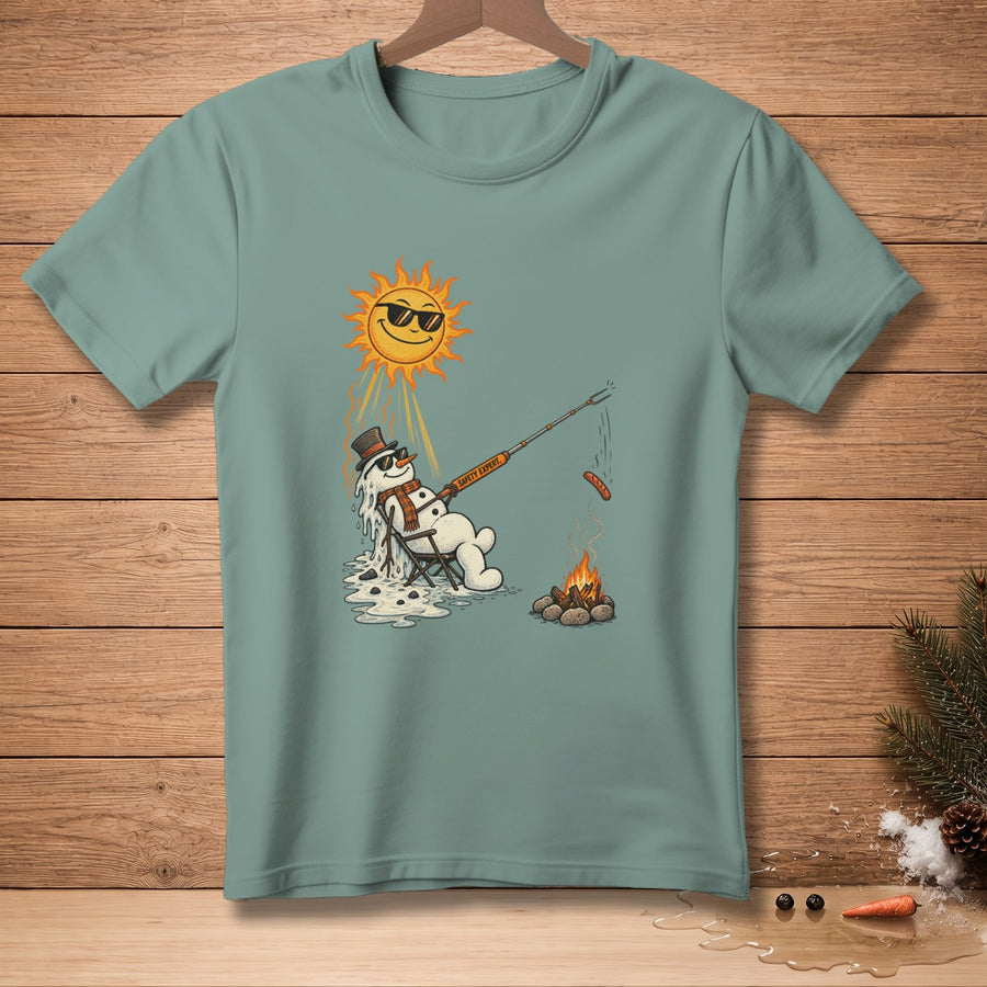 Melting snowman with sunglasses grills sausage by campfire under smiling sun.