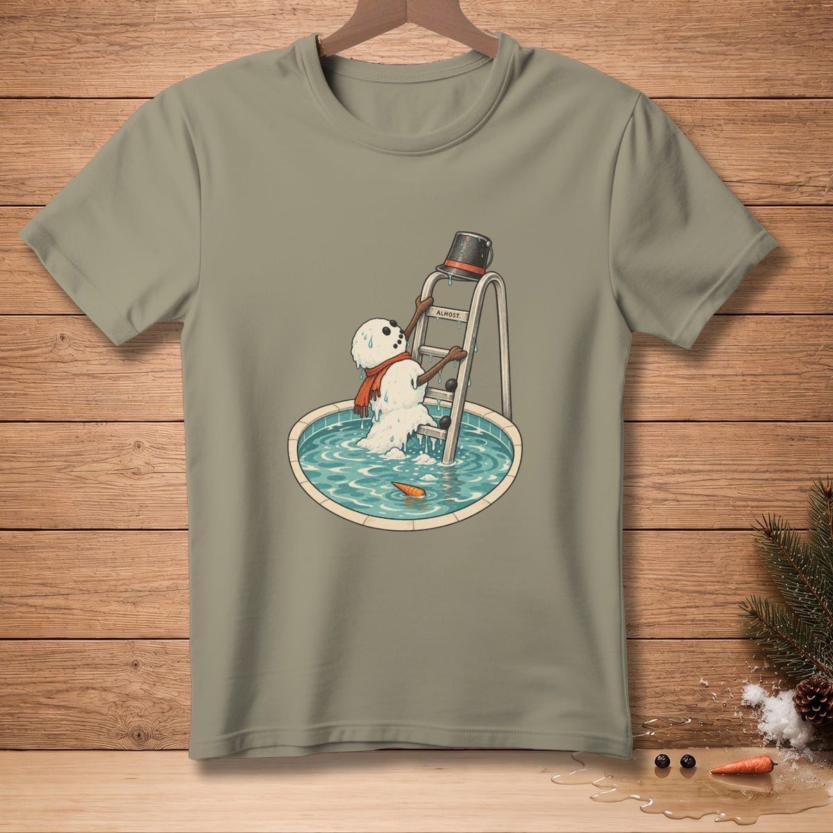 Melting snowman on ladder entering swimming pool with text "ALMOST".
