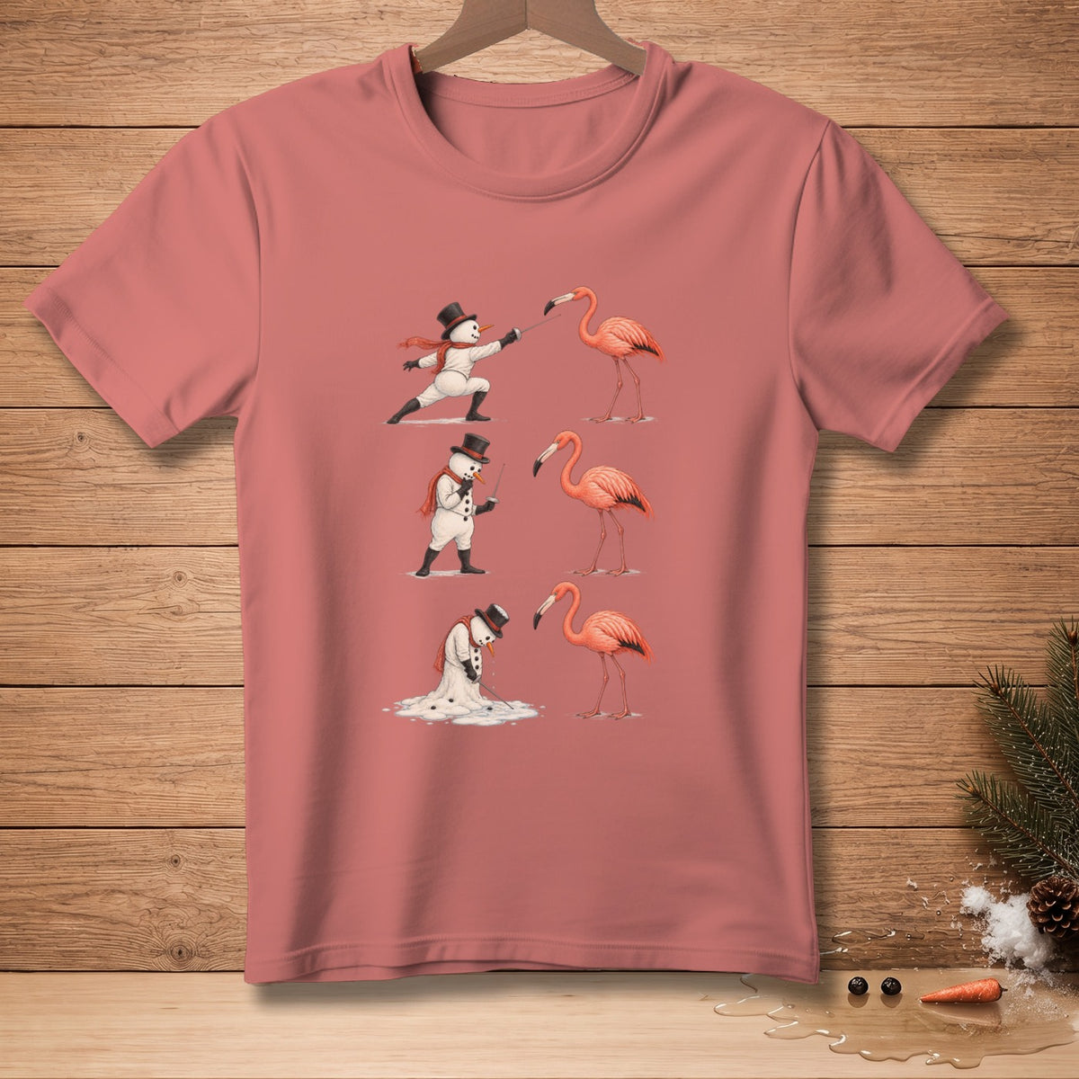 Snowman fencing with flamingos, then melting into a puddle.