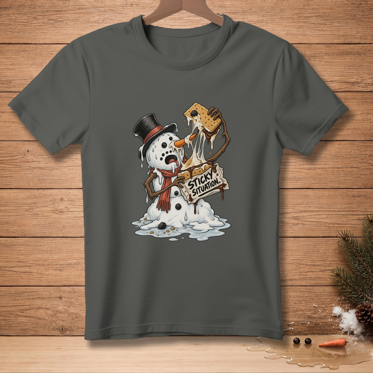 Melting snowman in a top hat and scarf struggling with a s'more, text "STICKY SITUATION".