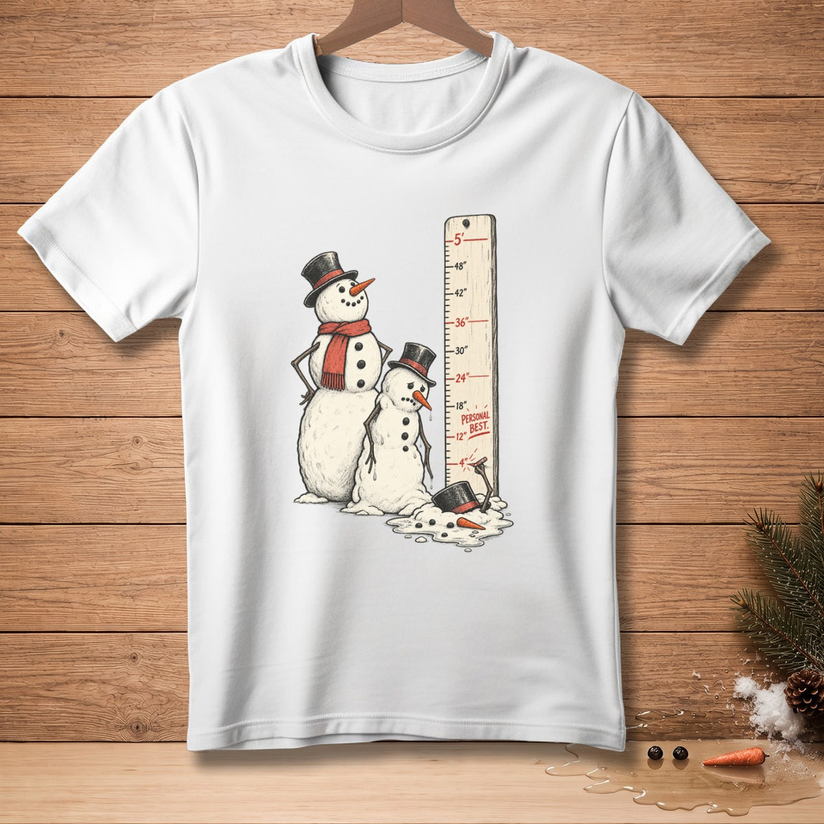 Two snowmen stand next to a ruler that reads "Personal Best" and shows melting snowman.