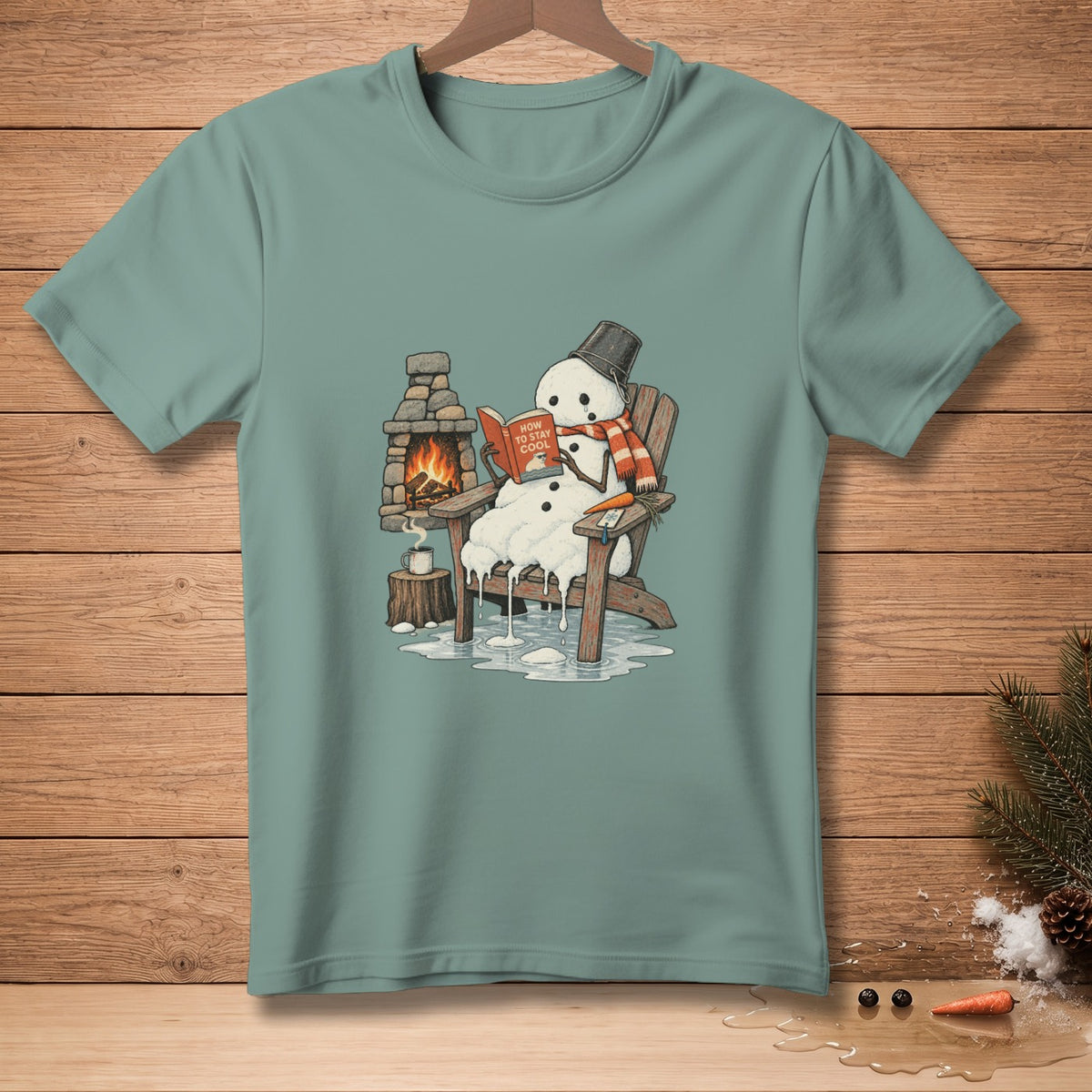 Snowman in chair reading "How to Stay Cool" book by fireplace.