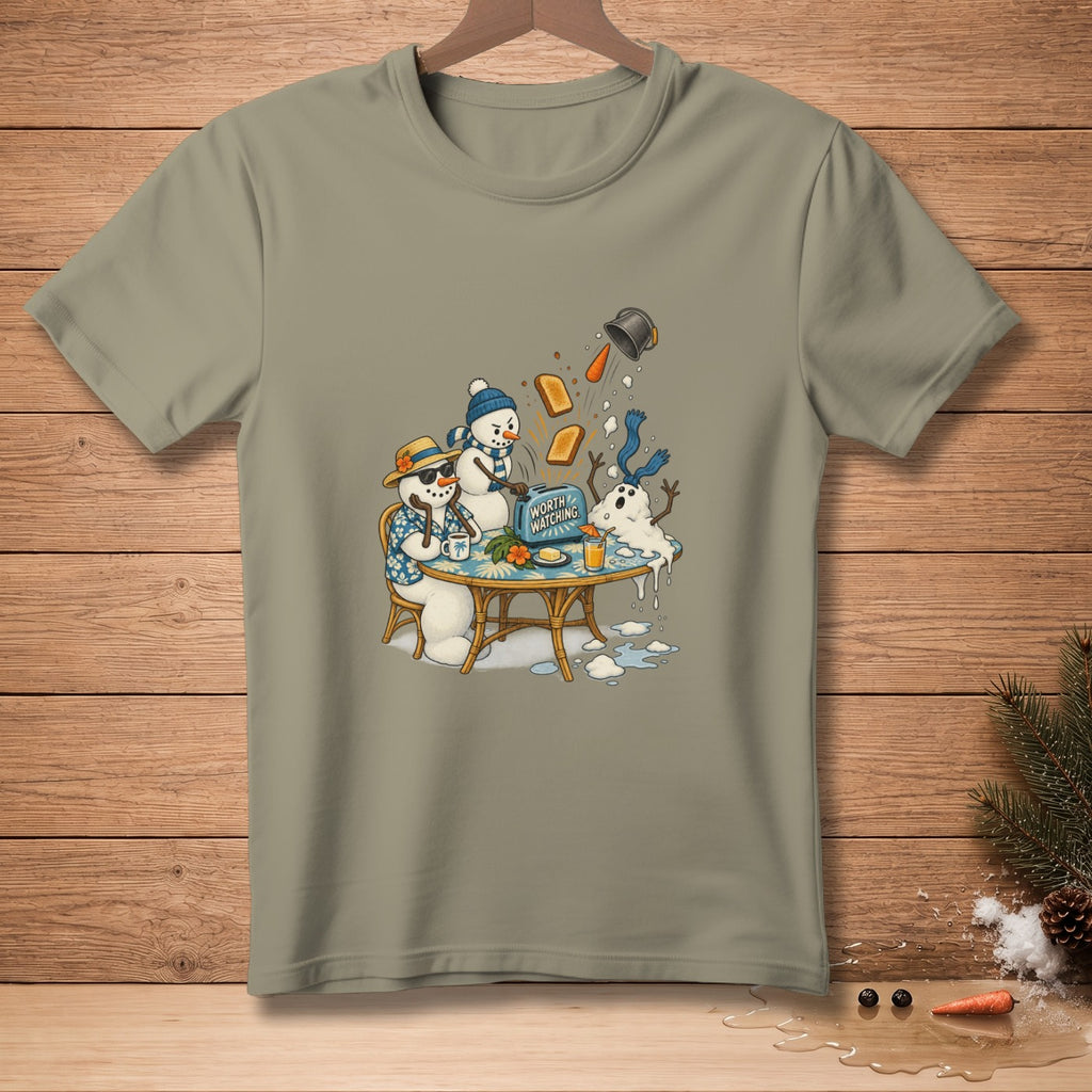 Snowmen are trying to make toast with a toaster that is launching bread into the air.