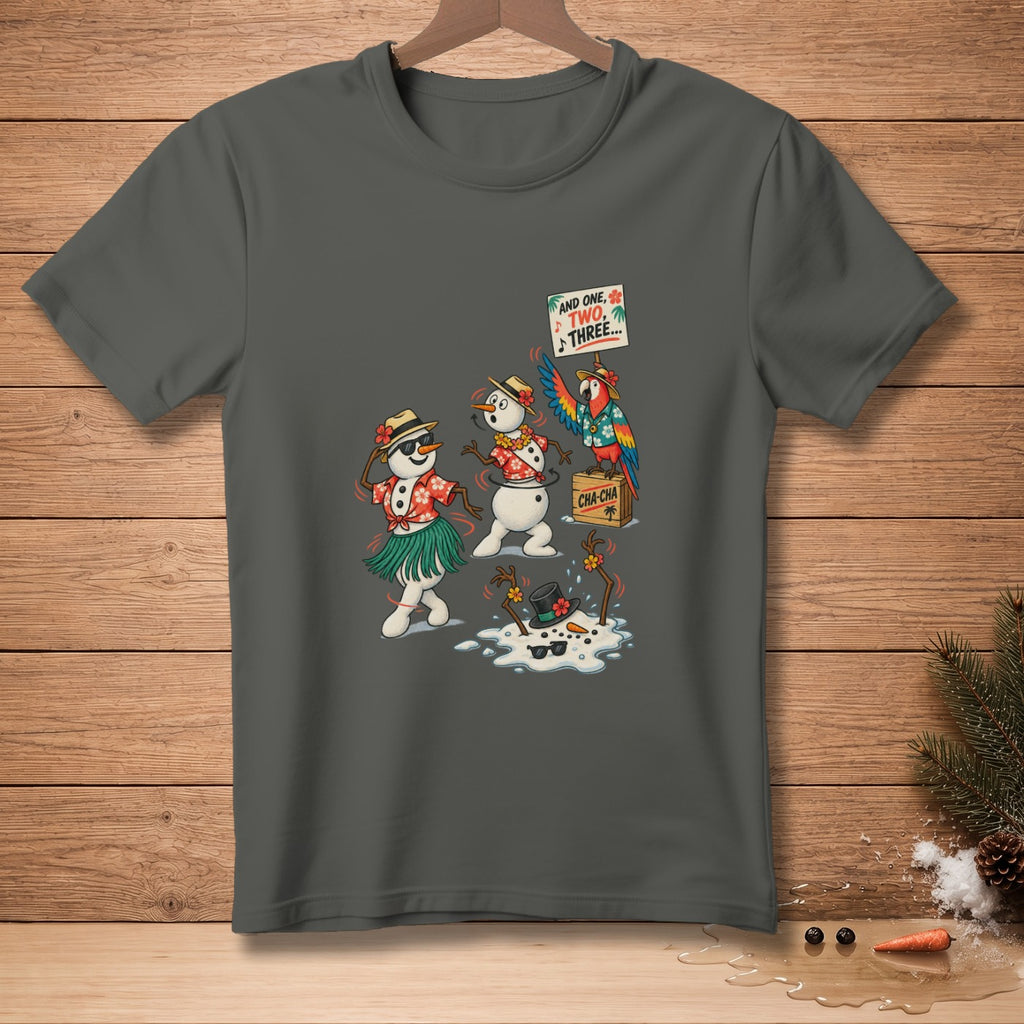 Cartoon snowmen dancing with a parrot holding a sign that says "And one, two, three... Cha-Cha."