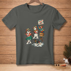 Cartoon snowmen dancing with a parrot holding a sign that says "And one, two, three... Cha-Cha."