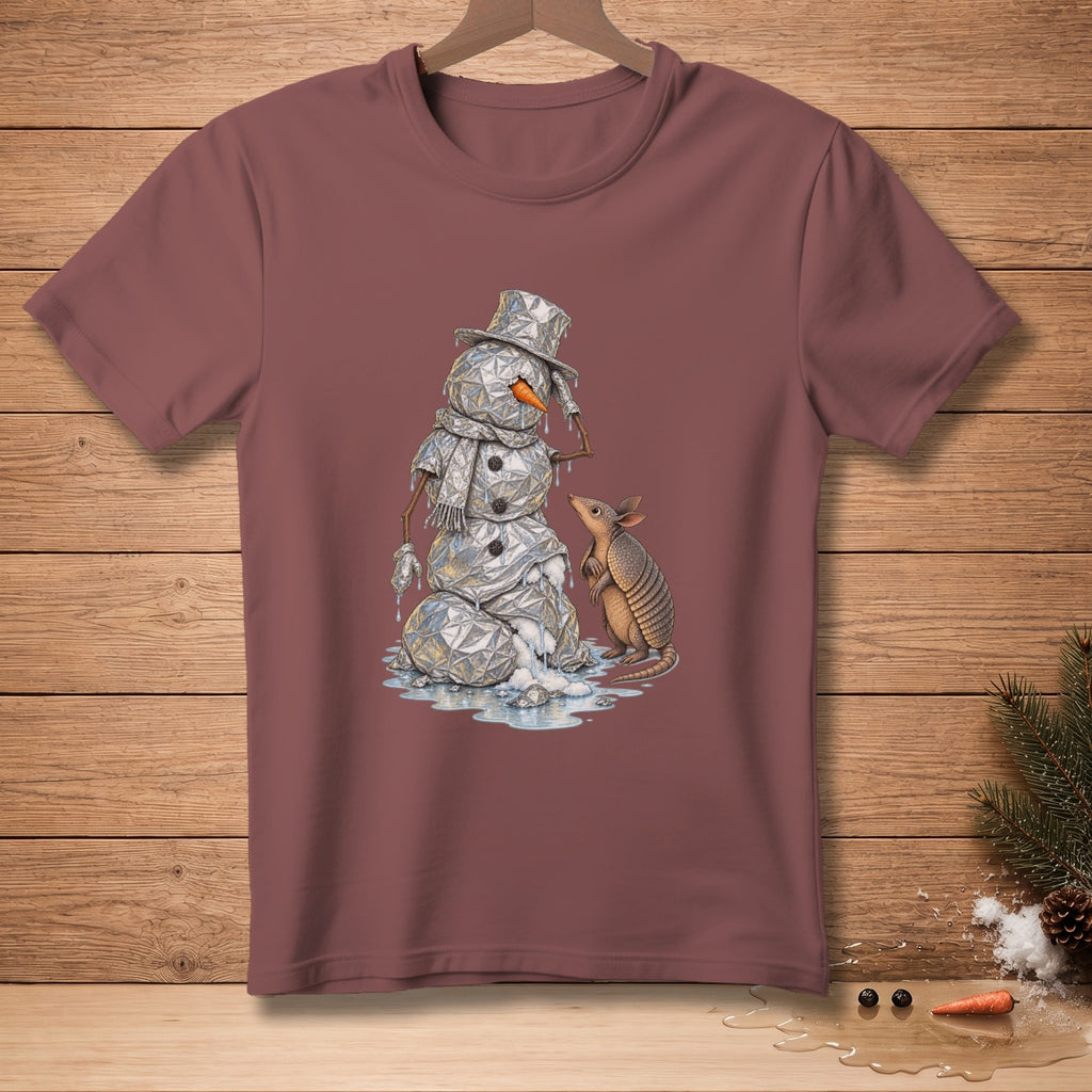 Melting snowman with a top hat and scarf interacts with an armadillo.