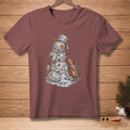 Melting snowman with a top hat and scarf interacts with an armadillo.