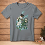 Snowman wearing a top hat and scarf watering itself with a hose that says "FIXED IT."