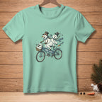 Two snowmen ride a tandem bicycle with text "WE FIT."