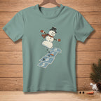 Snowman playing hopscotch with numbers 5, 6, 7, and 8 on a blue court.