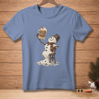 Melting snowman sitting on chair holding a mug that says "Stay Frosty".