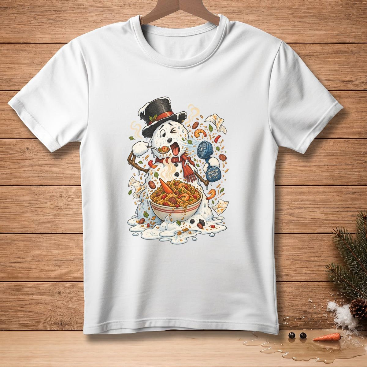 Snowman in top hat eating paella with a spoon and fan; text "PROBLEM SOLVED."