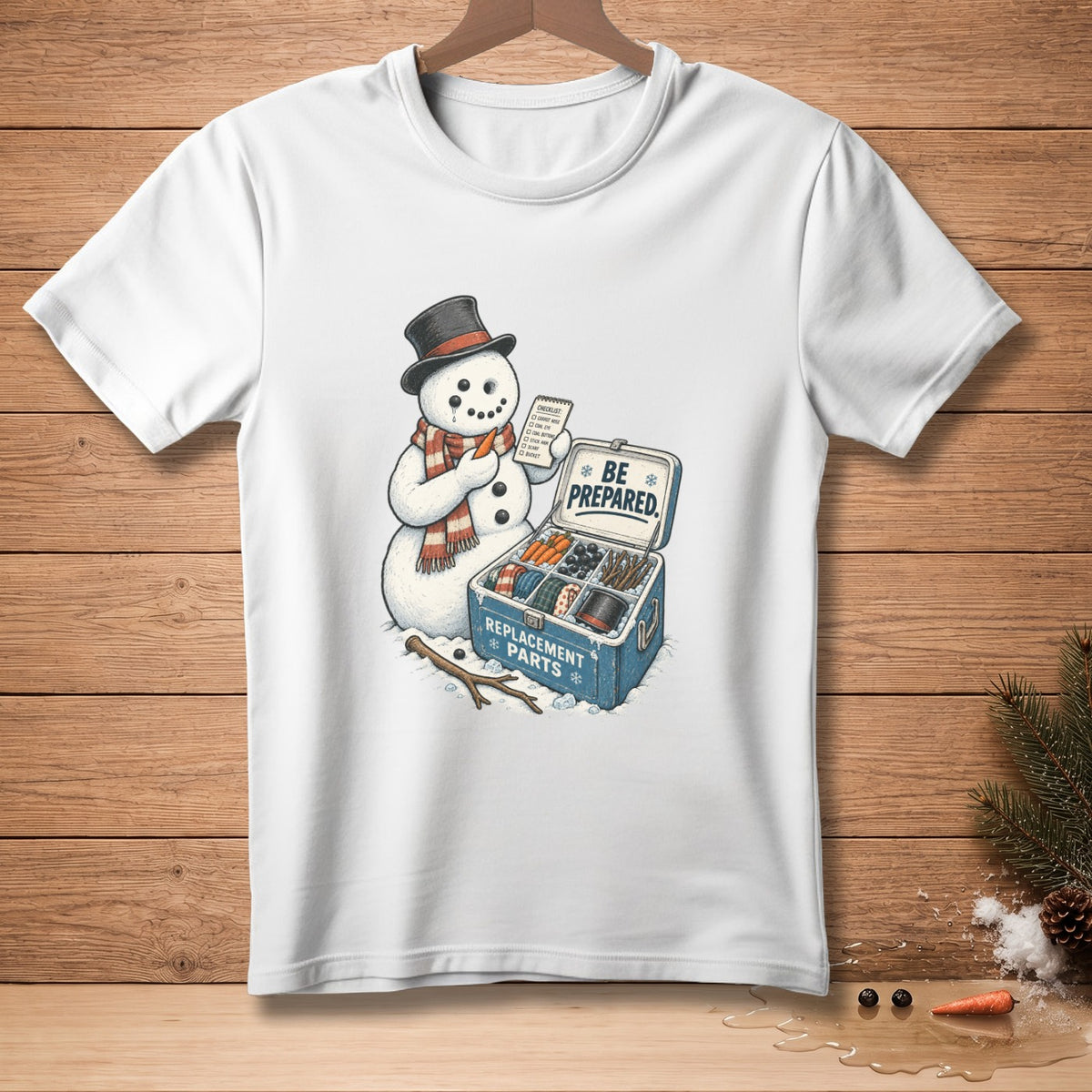 Snowman with checklist, top hat, and scarf opens replacement parts box.