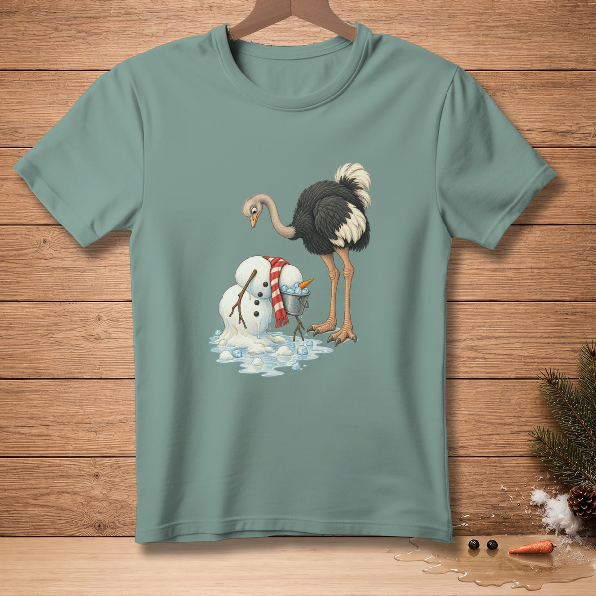 Ostrich observing melting snowman with carrot and bucket.