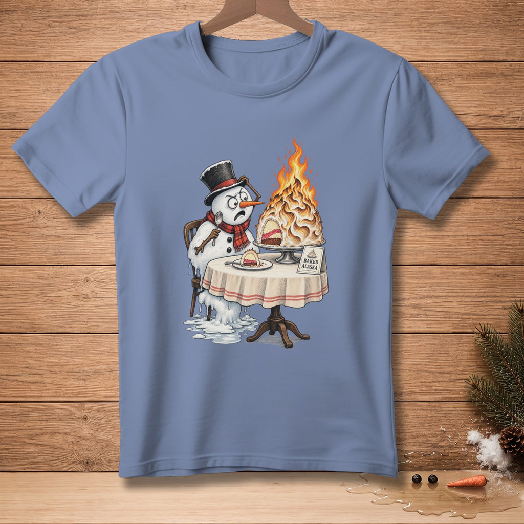 Melting snowman with a spoon looks distressed at a flaming Baked Alaska dessert.