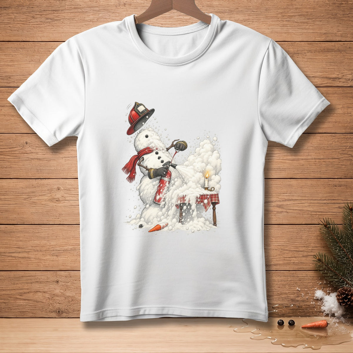 Snowman wearing a firefighter helmet spraying a fire extinguisher with a candle on a table.