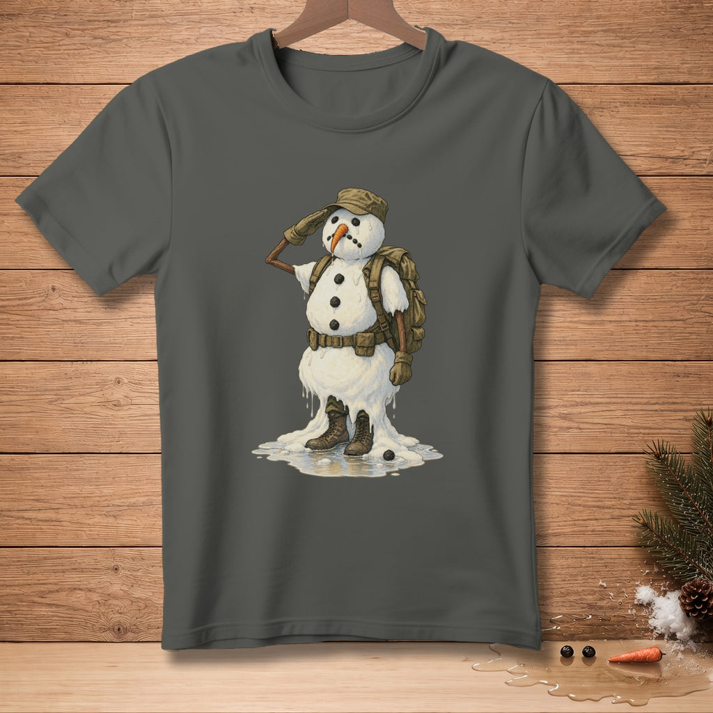 Melting snowman in military uniform salutes, wearing hat, backpack, and boots.