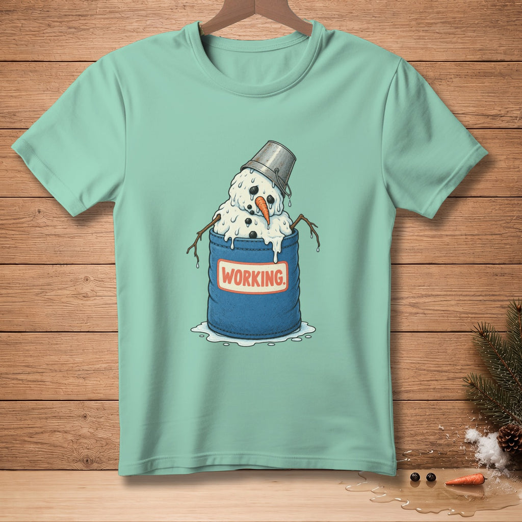 Melting snowman in a blue bucket with a "WORKING" label.