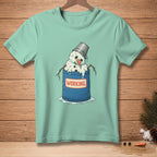 Melting snowman in a blue bucket with a "WORKING" label.