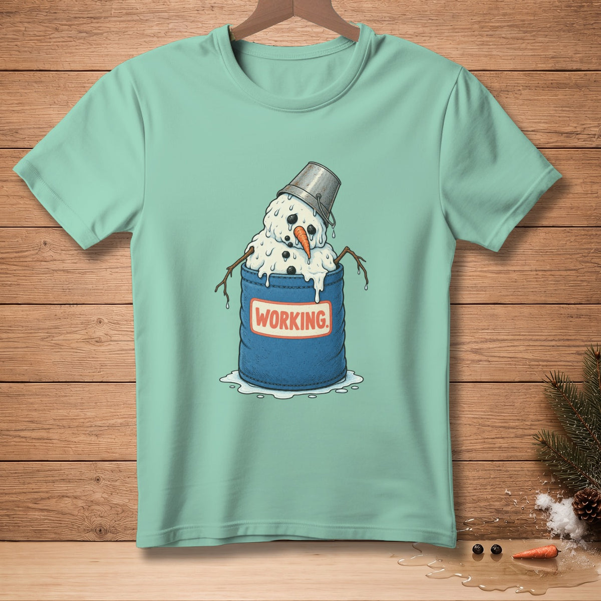 Melting snowman in a blue bucket with a "WORKING" label.