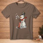 Snowman with a bucket on its head, using a "Reinflating" pump with snow flying out.