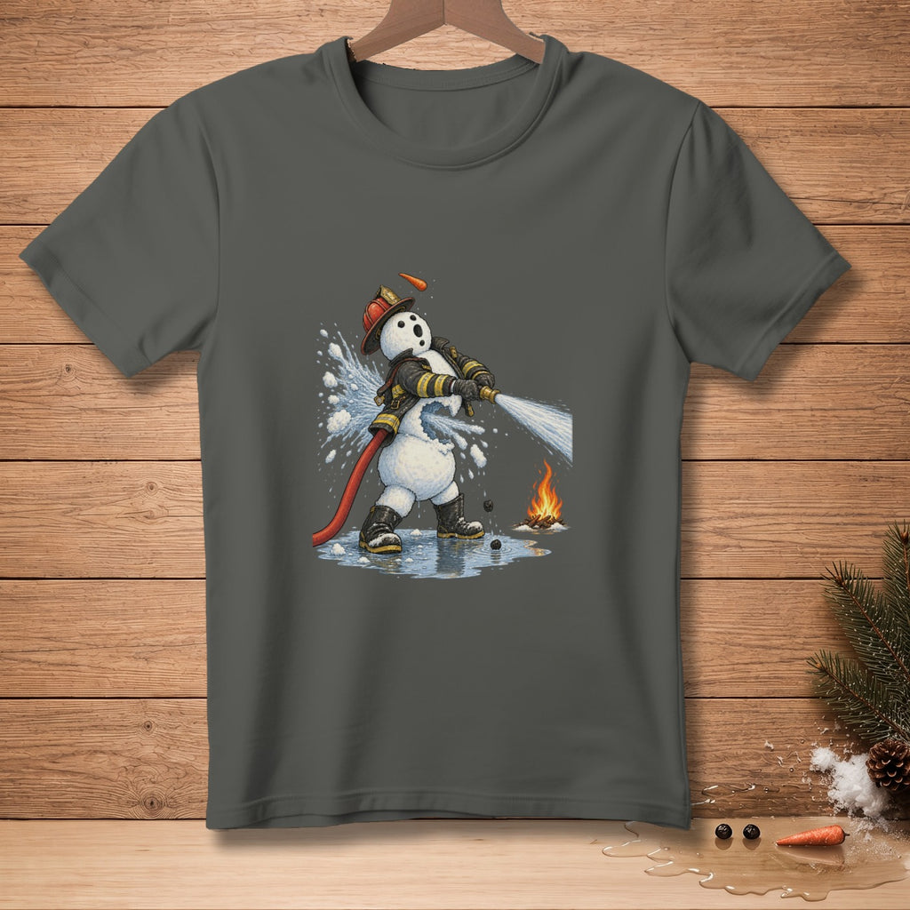 Snowman firefighter spraying water on a small campfire.