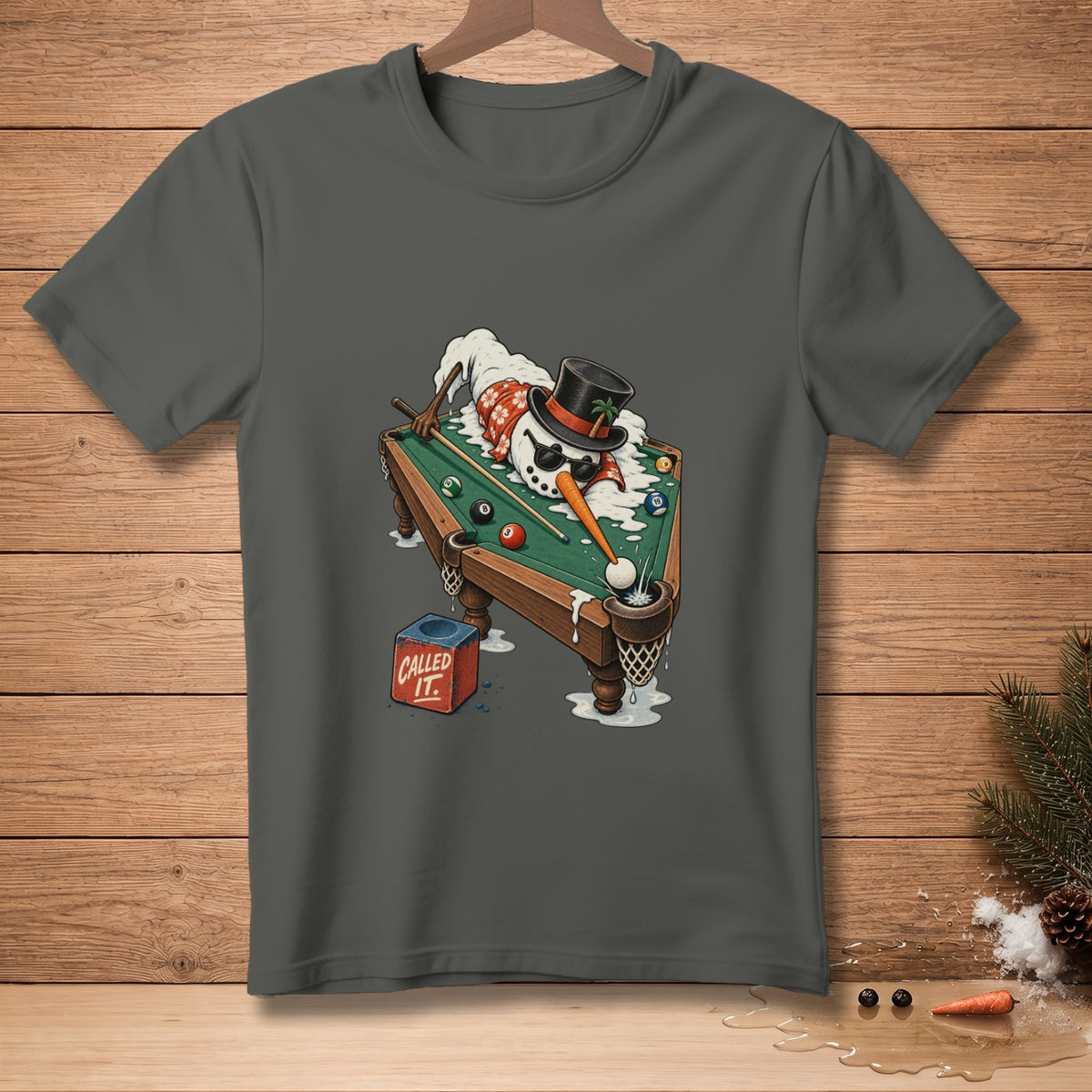 Snowman playing pool wearing a top hat, sunglasses, and a Hawaiian shirt, with "Called It." chalk.