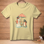 Melting snowman and penguin under umbrella with text "YOU'RE NO HELP".