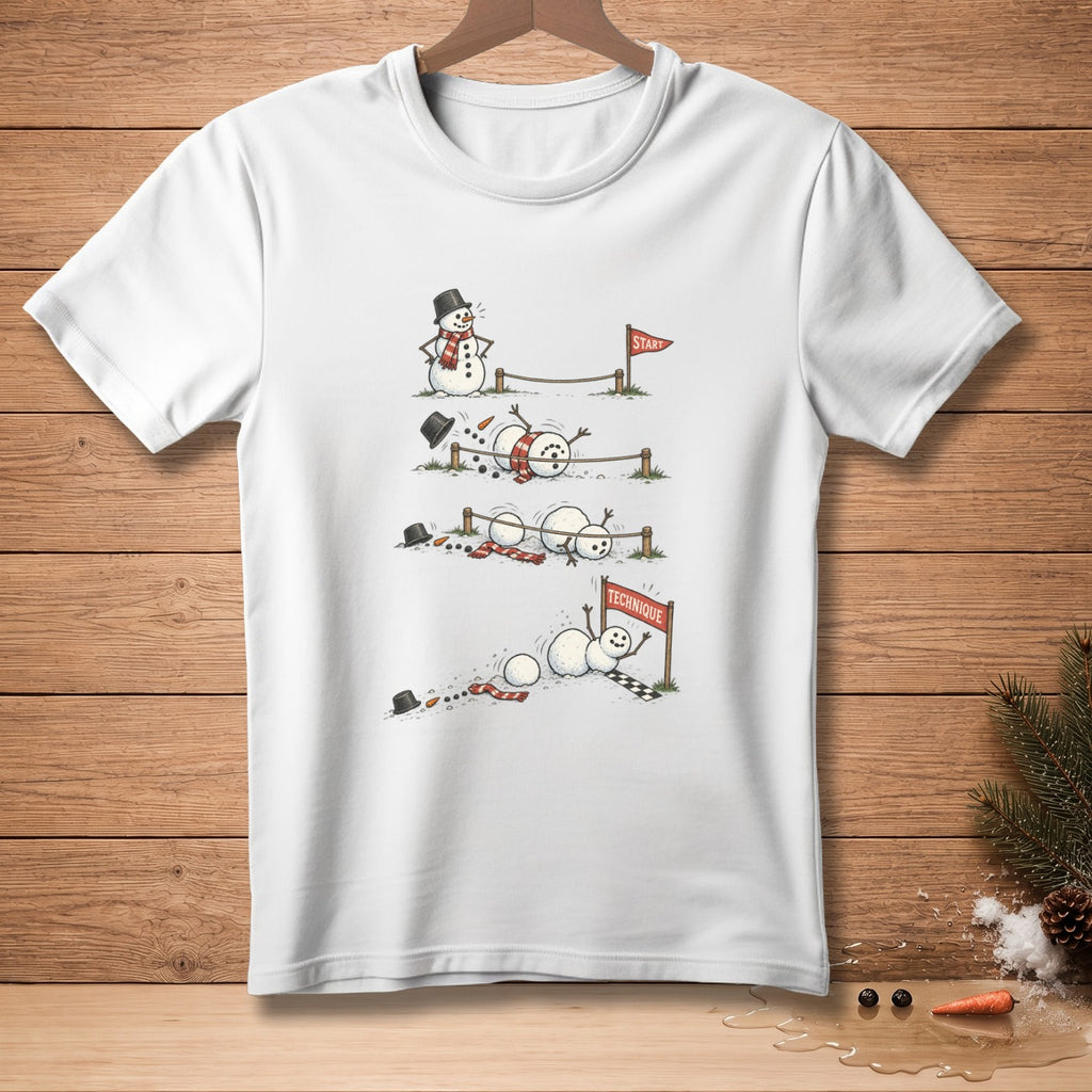 Cartoon snowmen racing, some tumbling, one succeeding.