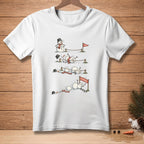 Cartoon snowmen racing, some tumbling, one succeeding.