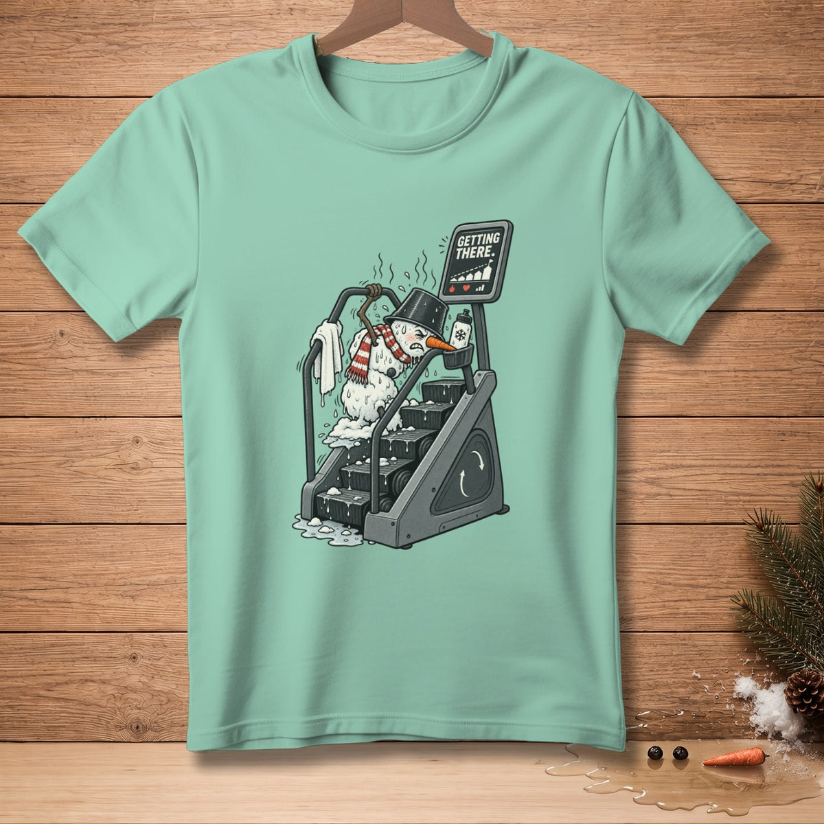 Melting snowman on stairs machine with text "GETTING THERE."